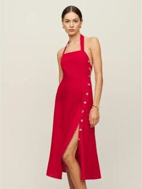 Reformation Mar Dress Size 2 Red Midi Linen Button Side Slit Halter NEW